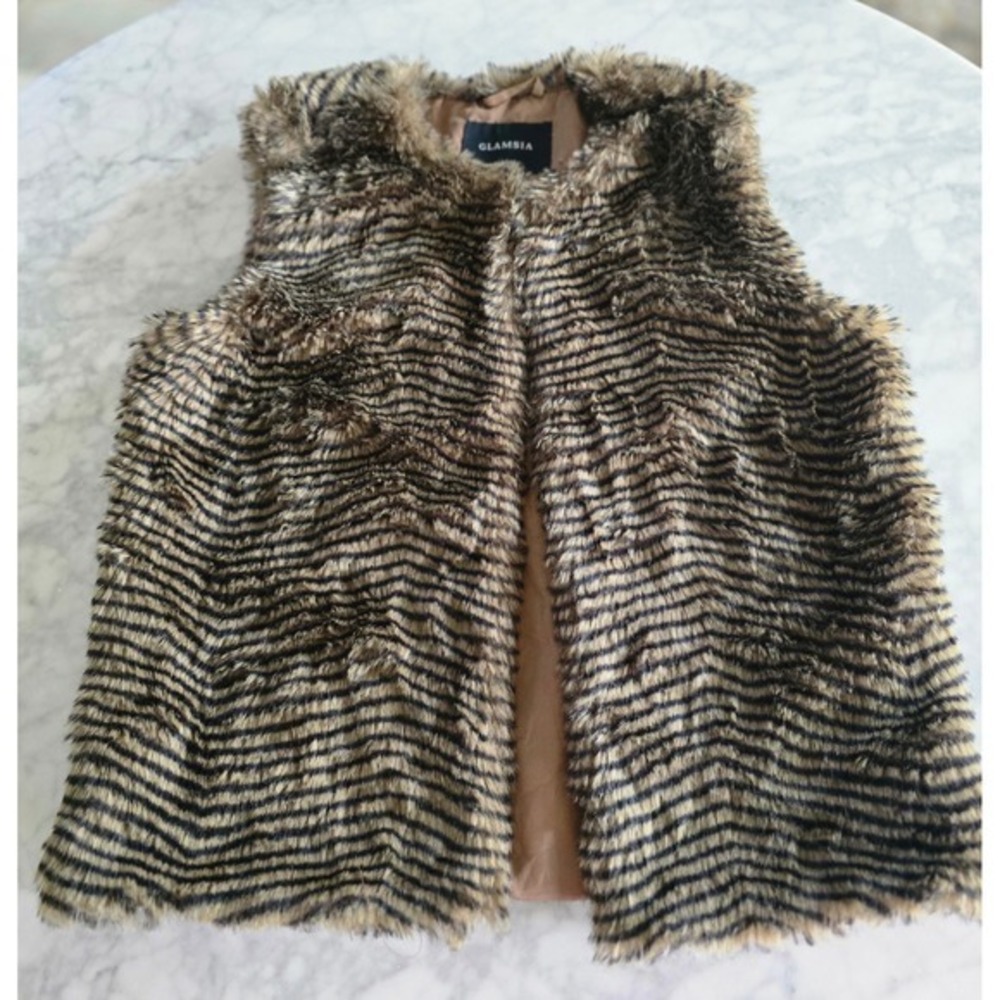 Glamsia Womens‎ XL Faux Fur Vest Striped Brown Black Sleeveless Hook Eye Jacket
